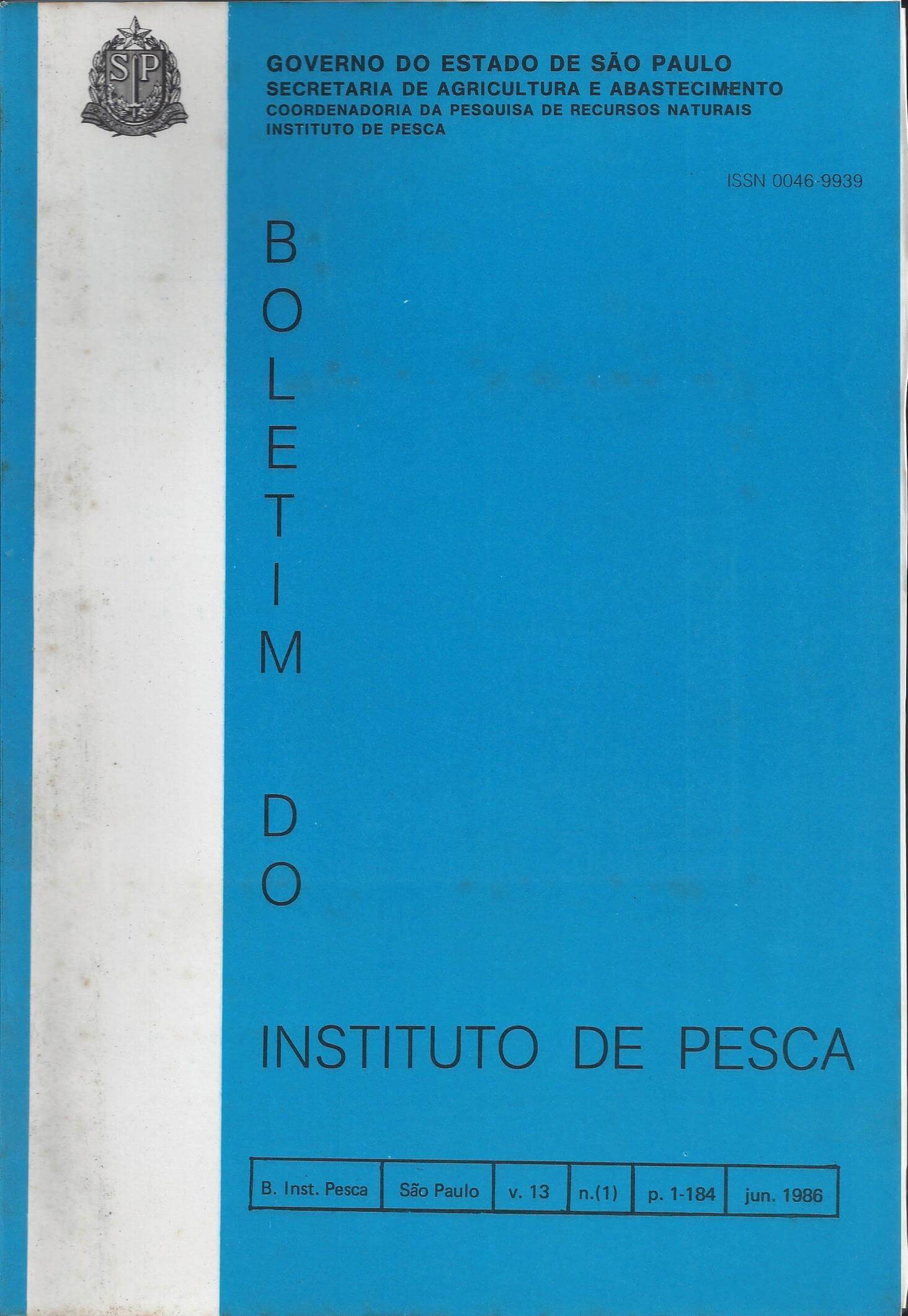 					View Vol. 13 No. 1 (1986): BOLETIM DO INSTITUTO DE PESCA
				